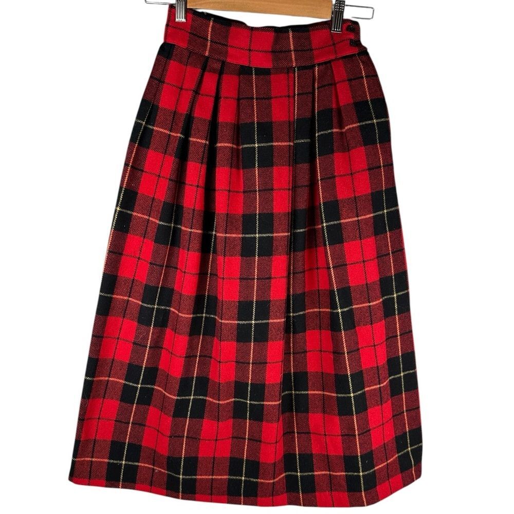 Vintage You Babes Red Tartan Plaid Wool Blend Pleated USA Made Midi Skirt Size 5